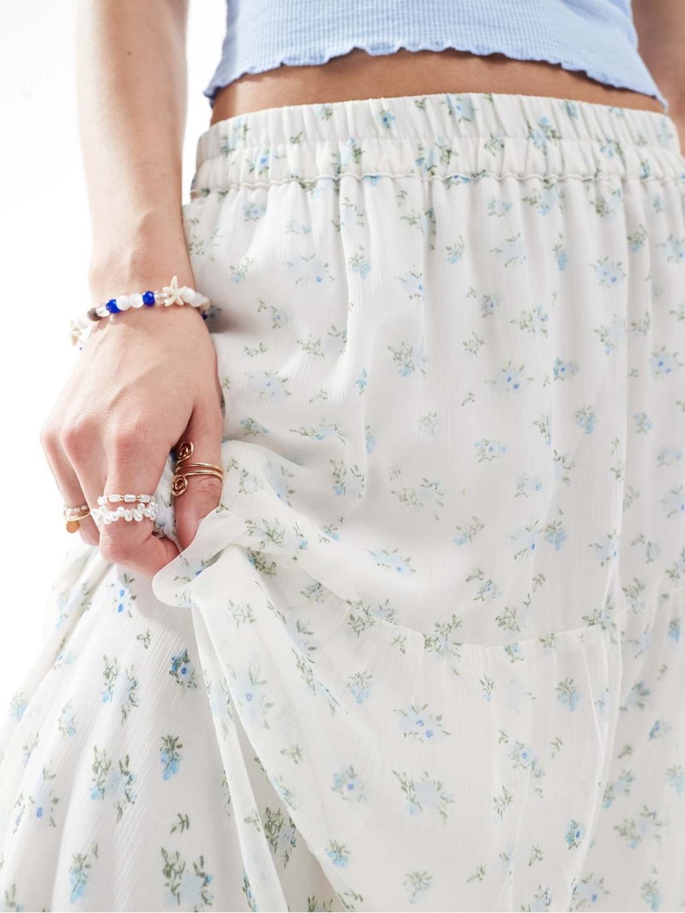 Vero Moda White Maxi Skirt with Light Blue and Green Florals and Ruffles XS NWT - Picture 2 of 8